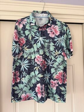 Izod Navy Polo with Pink & Green Tropical Hibiscus Print size large